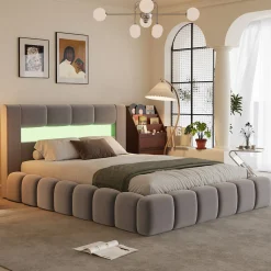 Lit coffre style nuage LED 160x200cm velours gris avec tête de lit et sommier - OMAHA