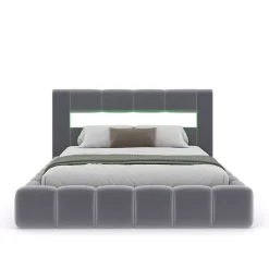 Lit coffre style nuage LED 160x200cm velours gris avec tête de lit et sommier - OMAHA