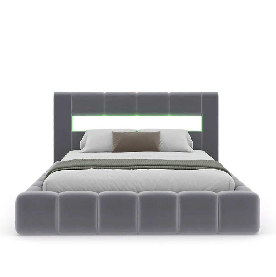 Lit coffre style nuage LED 160x200cm velours gris avec tête de lit et sommier - OMAHA