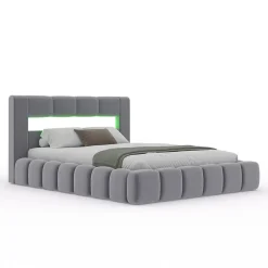 Lit coffre style nuage LED 160x200cm velours gris avec tête de lit et sommier - OMAHA