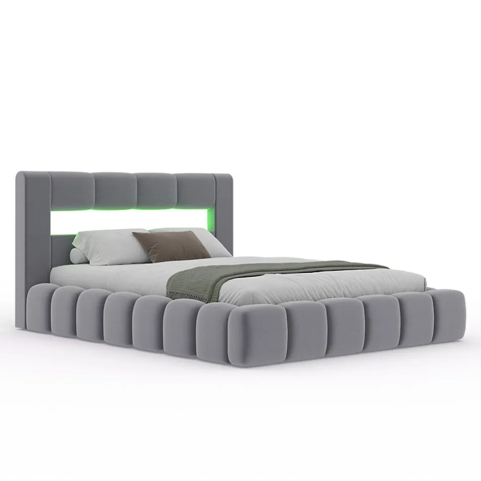 Lit coffre style nuage LED 160x200cm velours gris avec tête de lit et sommier - OMAHA