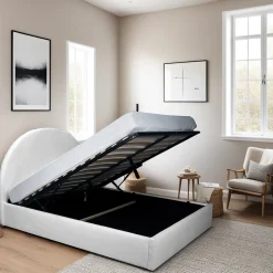 LIT COFFRE TISSU BOUCLETTE 160x200 SHERPA + SOMMIER / Blanc