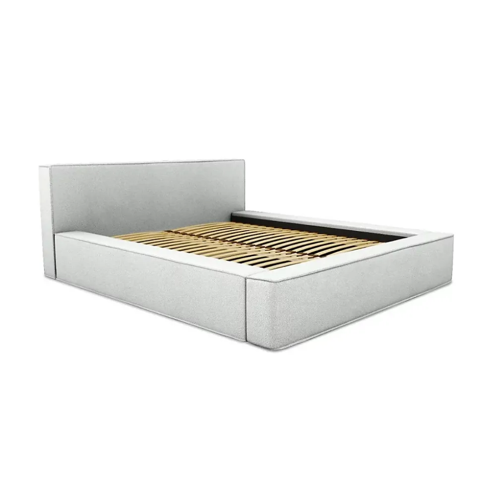 Lit coffre VELORA Blanc bouclé 180x200 cm Tissu effet laine Sommier relevable Rangement intégré