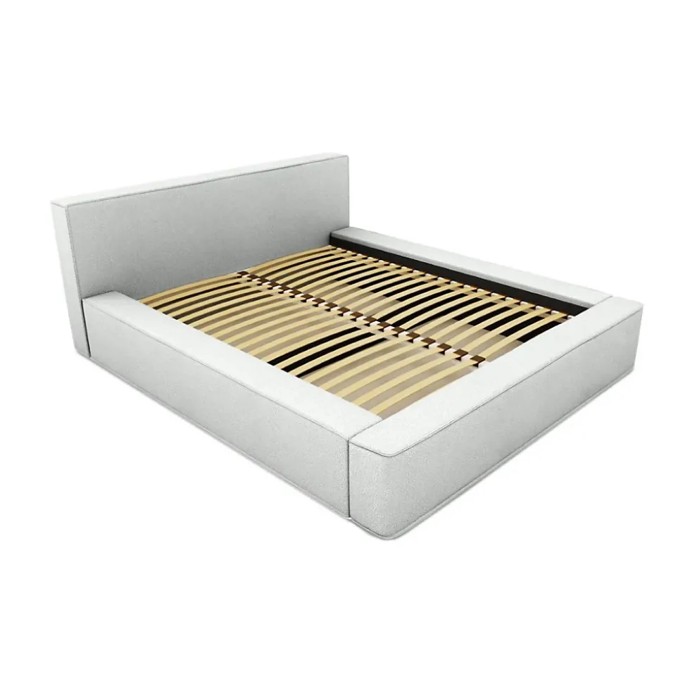 Lit coffre VELORA Blanc bouclé 180x200 cm Tissu effet laine Sommier relevable Rangement intégré