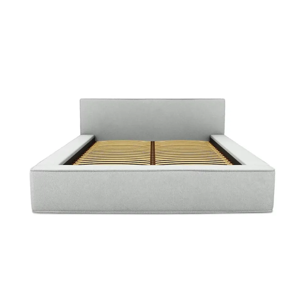 Lit coffre VELORA Blanc bouclé 180x200 cm Tissu effet laine Sommier relevable Rangement intégré