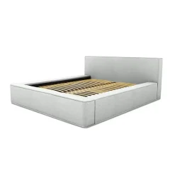 Lit coffre VELORA Blanc bouclé 180x200 cm Tissu effet laine Sommier relevable Rangement intégré