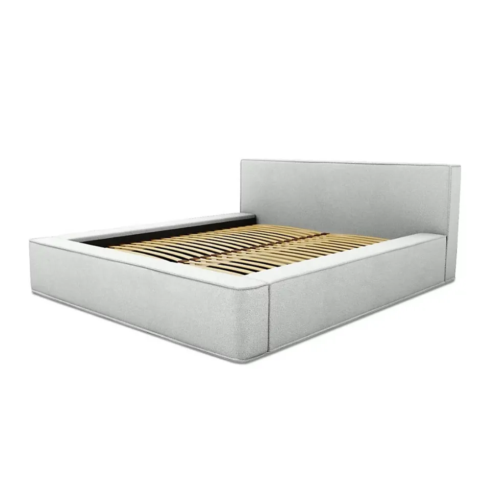 Lit coffre VELORA Blanc bouclé 180x200 cm Tissu effet laine Sommier relevable Rangement intégré