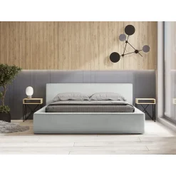 Lit coffre VELORA Blanc bouclé 180x200 cm Tissu effet laine Sommier relevable Rangement intégré