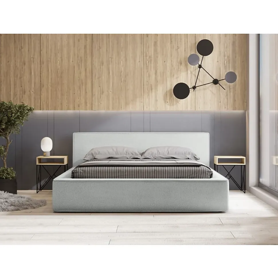 Lit coffre VELORA Blanc bouclé 180x200 cm Tissu effet laine Sommier relevable Rangement intégré