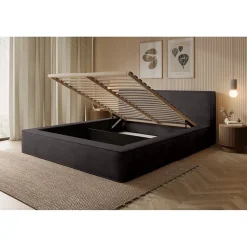 Lit coffre VELORA Gris anthracite 160x200 cm Tissu velours doux Sommier relevable Rangement intégré