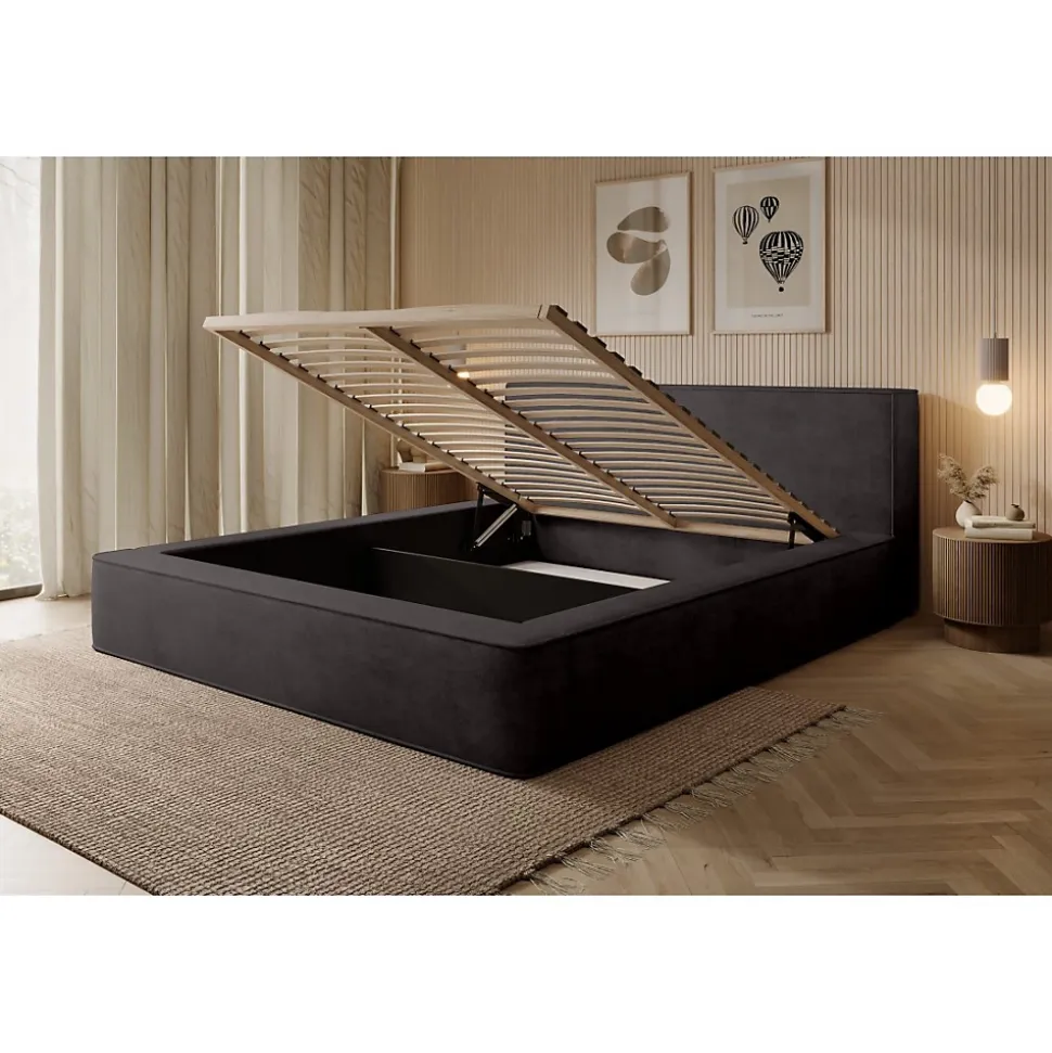 Lit coffre VELORA Gris anthracite 160x200 cm Tissu velours doux Sommier relevable Rangement intégré