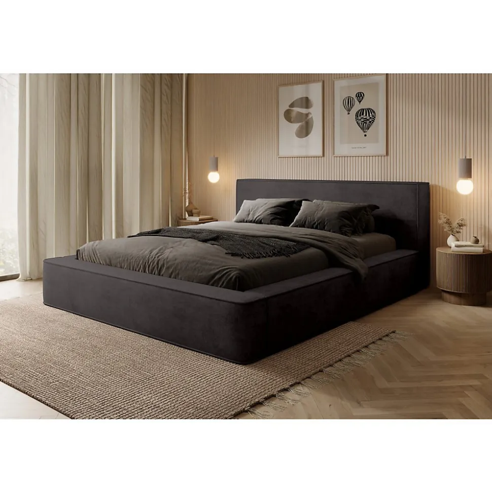 Lit coffre VELORA Gris anthracite 160x200 cm Tissu velours doux Sommier relevable Rangement intégré