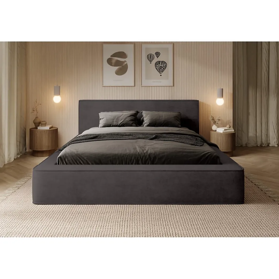 Lit coffre VELORA Gris anthracite 160x200 cm Tissu velours doux Sommier relevable Rangement intégré