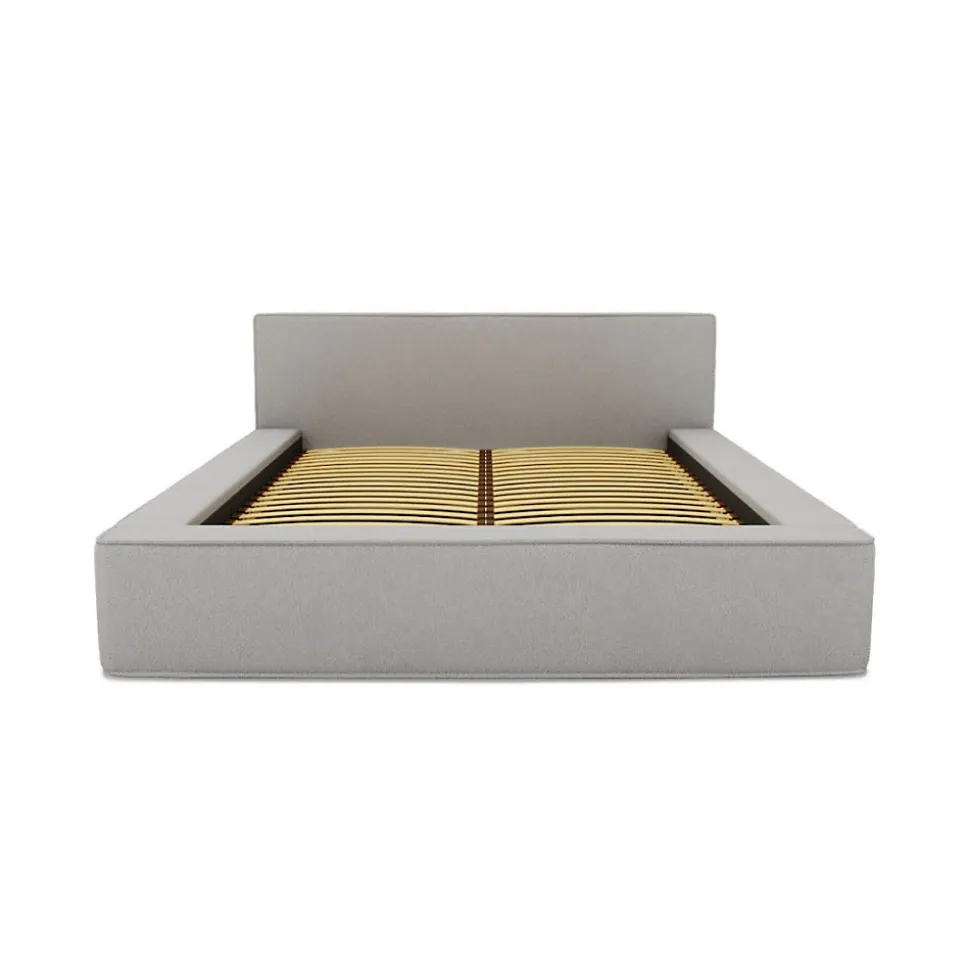 Lit coffre VELORA Gris sable bouclé 140x200 cm Tissu velours doux Sommier relevable Rangement intégré