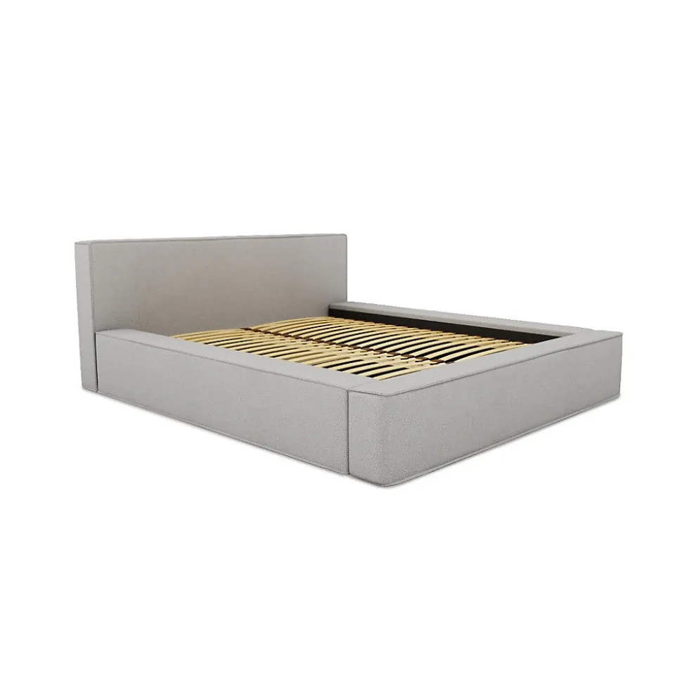 Lit coffre VELORA Gris sable bouclé 140x200 cm Tissu velours doux Sommier relevable Rangement intégré