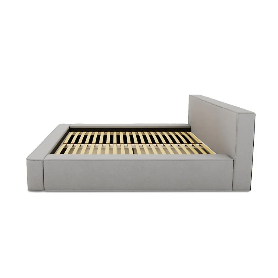 Lit coffre VELORA Gris sable bouclé 140x200 cm Tissu velours doux Sommier relevable Rangement intégré