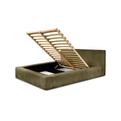 Lit coffre VELORA Olive bouclé 160x200 cm Tissu velours doux Sommier relevable Rangement intégré
