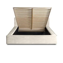 Lit coffre VELORA Perle 160x200 cm Tissu velours doux Sommier relevable Rangement intégré