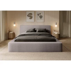 Lit coffre VELORA Taupe rosé bouclé 180x200 cm Tissu velours doux Sommier relevable Rangement intégré