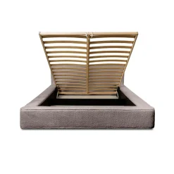 Lit coffre VELORA Taupe rosé bouclé 180x200 cm Tissu velours doux Sommier relevable Rangement intégré