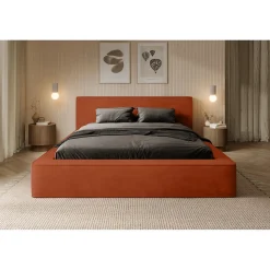 Lit coffre VELORA Terracotta 160x200 cm Tissu velours doux Sommier relevable Rangement intégré