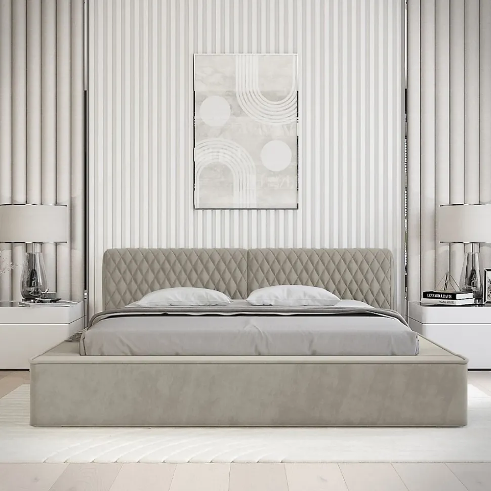 Lit coffre VERNON Tissu chenille bouclé Taupe fumé 160x200 cm Sommier relevable Design haut de gamme