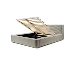 Lit coffre VERNON Tissu chenille bouclé Taupe fumé 160x200 cm Sommier relevable Design haut de gamme