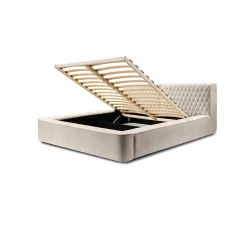 Lit coffre VERNON Tissu chenille bouclé Sable rosé 140x200 cm Sommier relevable Design haut de gamme