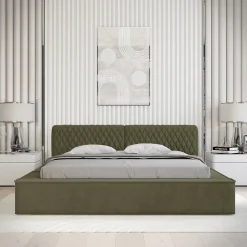 Lit coffre VERNON Tissu chenille bouclé Feuille dolivier 140x200 cm Sommier relevable Design haut de gamme