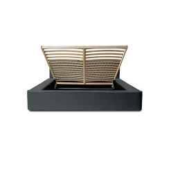 Lit coffre VERNON Tissu chenille bouclé Charbon bleu 180x200 cm Sommier relevable Design haut de gamme