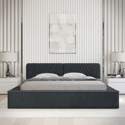 Lit coffre VERNON Tissu chenille bouclé Charbon bleu 160x200 cm Sommier relevable Design haut de gamme