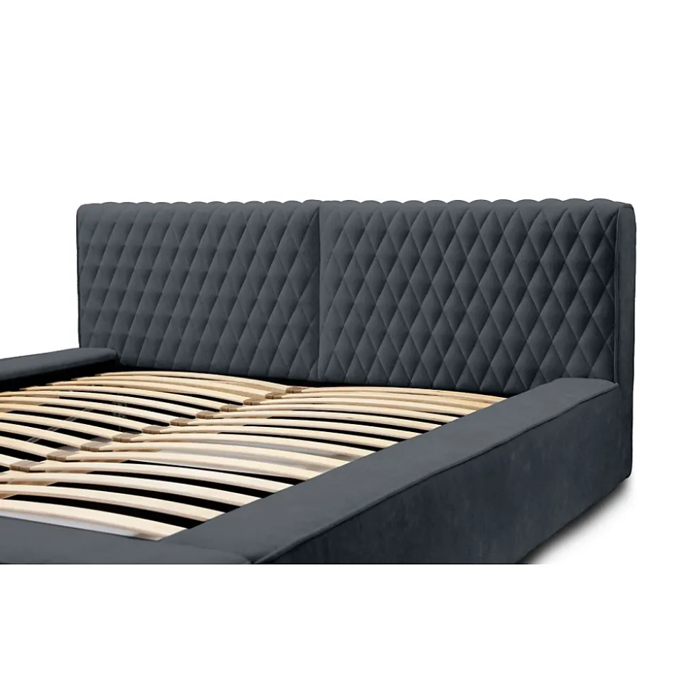 Lit coffre VERNON Tissu chenille bouclé Charbon bleu 160x200 cm Sommier relevable Design haut de gamme