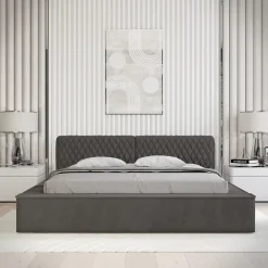 Lit coffre VERNON Tissu chenille bouclé Anthracite profond 140x200 cm Sommier relevable Design haut de gamme