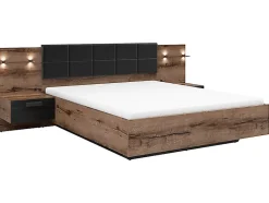 Lit coffre 160x200 + 2 tables de chevet éclairage LED avec sommier et rangement coloris Chêne marron foncé/Chêne noir