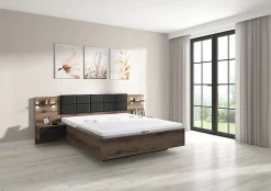 Lit coffre 160x200 + 2 tables de chevet éclairage LED avec sommier et rangement coloris Chêne marron foncé/Chêne noir