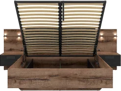 Lit coffre 160x200 + 2 tables de chevet éclairage LED avec sommier et rangement coloris Chêne marron foncé/Chêne noir