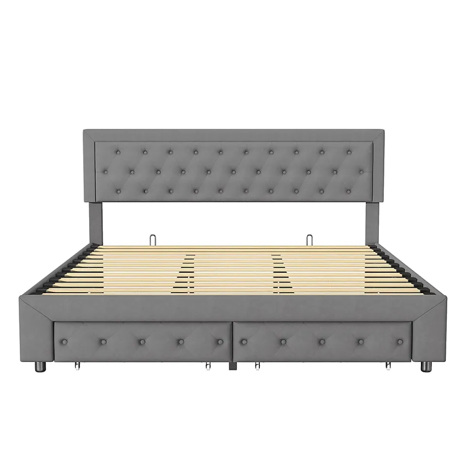 Lit coffre 180x200 avec 2 tiroirs, Lit rembourré avec sommier à lattes, tissu en velours et décoration de boutons, gris