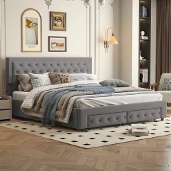 Lit coffre 180x200 avec 2 tiroirs, Lit rembourré avec sommier à lattes, tissu en velours et décoration de boutons, gris