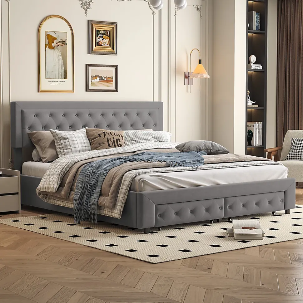 Lit coffre 180x200 avec 2 tiroirs, Lit rembourré avec sommier à lattes, tissu en velours et décoration de boutons, gris