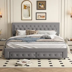 Lit coffre 180x200 avec 2 tiroirs, Lit rembourré avec sommier à lattes, tissu en velours et décoration de boutons, gris