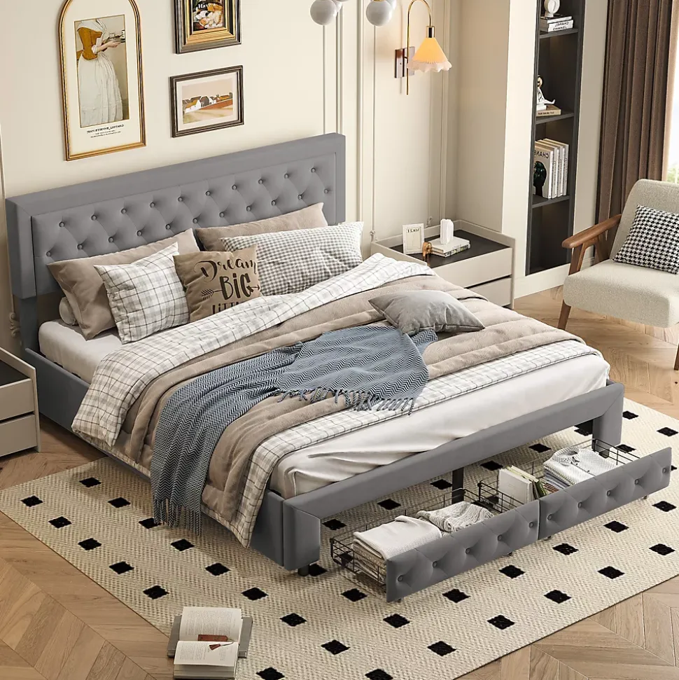 Lit coffre 180x200 avec 2 tiroirs, Lit rembourré avec sommier à lattes, tissu en velours et décoration de boutons, gris