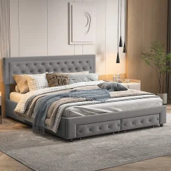 Lit coffre 180x200 avec 2 tiroirs, Lit rembourré avec sommier à lattes, tissu en velours et décoration de boutons, gris