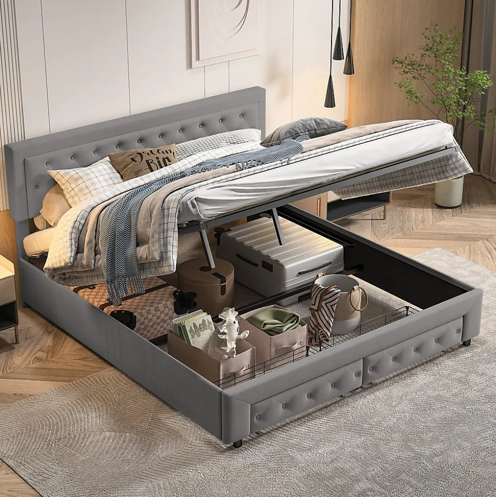Lit coffre 180x200 avec 2 tiroirs, Lit rembourré avec sommier à lattes, tissu en velours et décoration de boutons, gris
