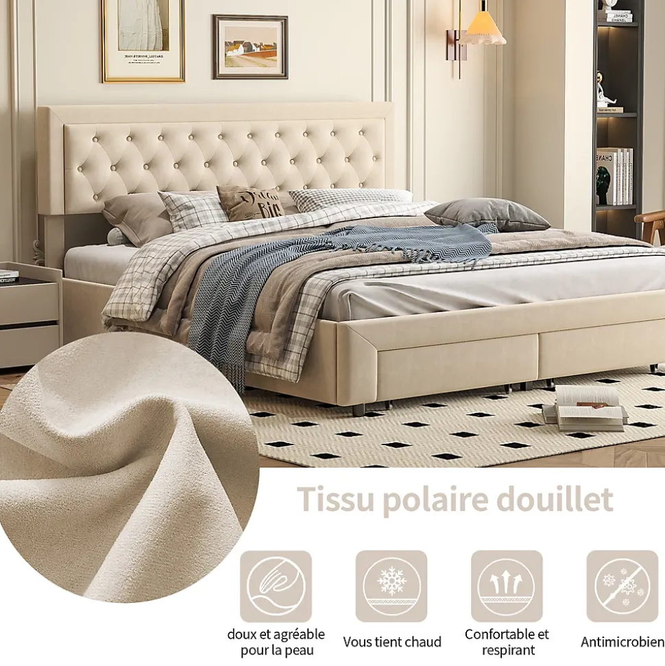 Lit coffre 160x200 avec 2 tiroirs, Lit rembourré avec sommier à lattes, tissu en velours et décoration de boutons, beige