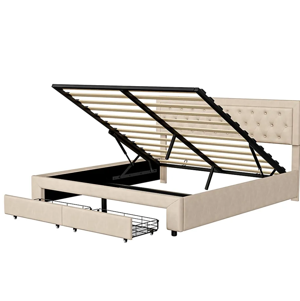Lit coffre 160x200 avec 2 tiroirs, Lit rembourré avec sommier à lattes, tissu en velours et décoration de boutons, beige