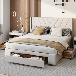 Lit coffre 160x200 avec 3 tiroirs, lit tapissé avec sommier à lattes, lit double, beige