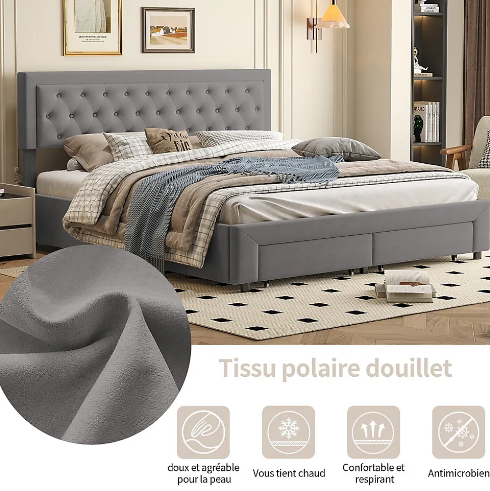 Lit coffre 160x200 avec 2 tiroirs, Lit rembourré avec sommier à lattes, tissu en velours et décoration de boutons, gris
