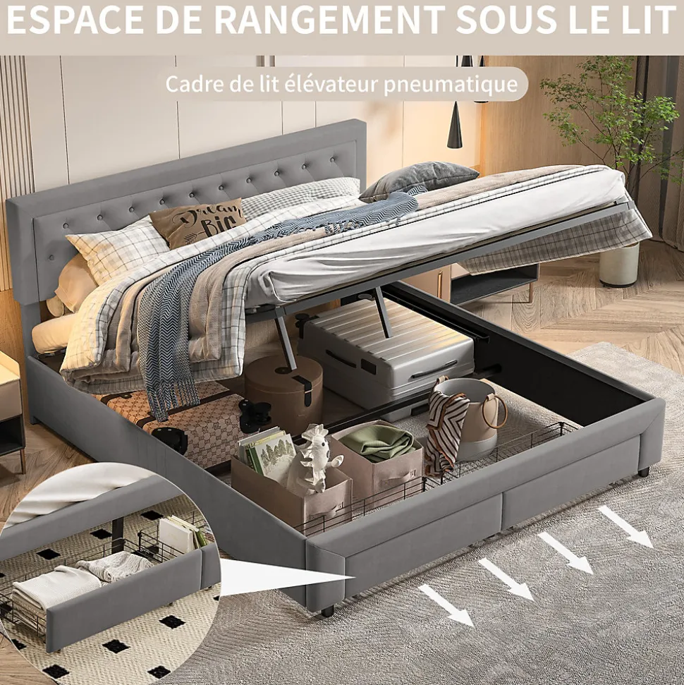 Lit coffre 160x200 avec 2 tiroirs, Lit rembourré avec sommier à lattes, tissu en velours et décoration de boutons, gris