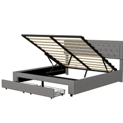 Lit coffre 160x200 avec 2 tiroirs, Lit rembourré avec sommier à lattes, tissu en velours et décoration de boutons, gris