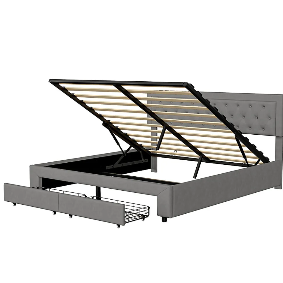 Lit coffre 160x200 avec 2 tiroirs, Lit rembourré avec sommier à lattes, tissu en velours et décoration de boutons, gris